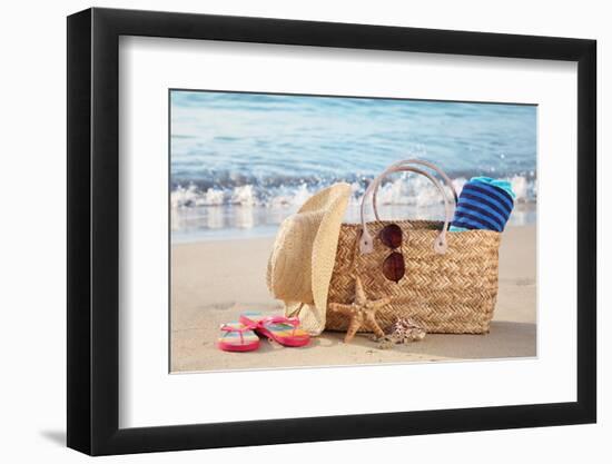 Summer Beach Bag with Straw Hat,Towel,Sunglasses and Flip Flops on Sandy Beach-Liang Zhang-Framed Photographic Print