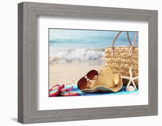 Summer Beach Bag with Straw Hat,Towel,Sunglasses and Flip Flops on Sandy Beach-Sofiaworld-Framed Photographic Print