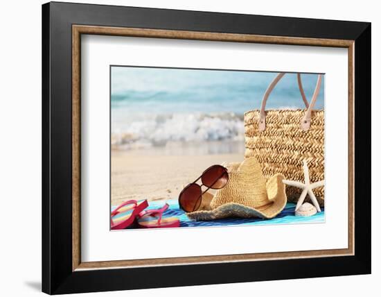 Summer Beach Bag with Straw Hat,Towel,Sunglasses and Flip Flops on Sandy Beach-Sofiaworld-Framed Photographic Print