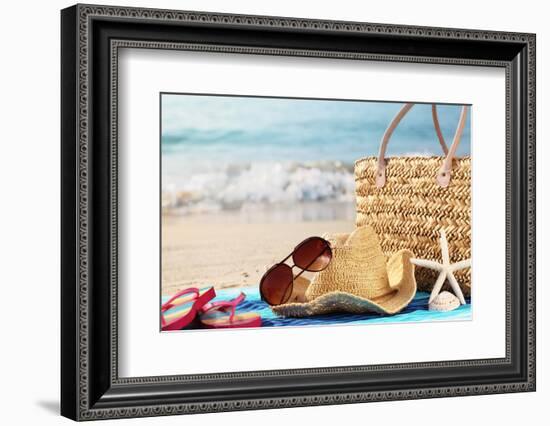 Summer Beach Bag with Straw Hat,Towel,Sunglasses and Flip Flops on Sandy Beach-Sofiaworld-Framed Photographic Print