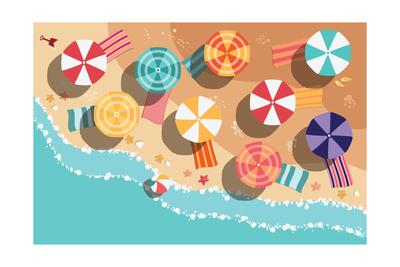 Summer Beach In Flat Design Aerial View Sea Side And Umbrellas Vector Illustration Art Print Bluelela Art Com