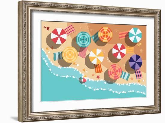 Summer Beach in Flat Design, Aerial View, Sea Side and Umbrellas, Vector Illustration-BlueLela-Framed Art Print