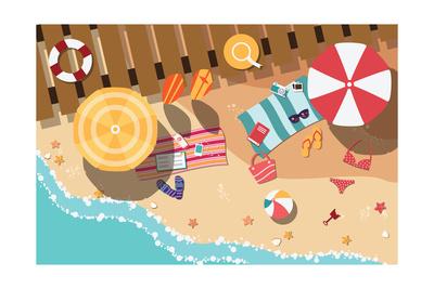 Summer Beach In Flat Design Sea Side And Beach Items Vector Illustration Art Print Bluelela Art Com
