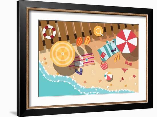 Summer Beach in Flat Design, Sea Side and Beach Items, Vector Illustration-BlueLela-Framed Art Print