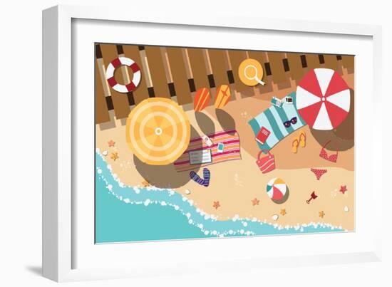 Summer Beach in Flat Design, Sea Side and Beach Items, Vector Illustration-BlueLela-Framed Art Print