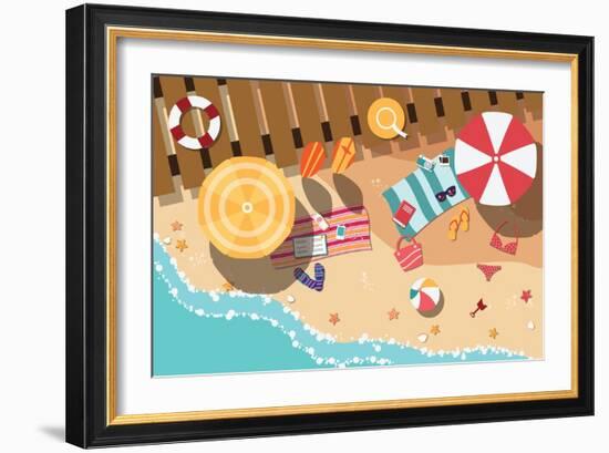 Summer Beach in Flat Design, Sea Side and Beach Items, Vector Illustration-BlueLela-Framed Art Print