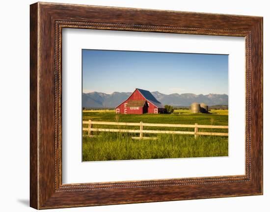 Summer Evening with a Red Barn and Silos in Rural Montana with Rocky Mountains in the Background.-Nick Fox-Framed Photographic Print