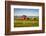 Summer Evening with a Red Barn and Silos in Rural Montana with Rocky Mountains in the Background.-Nick Fox-Framed Photographic Print