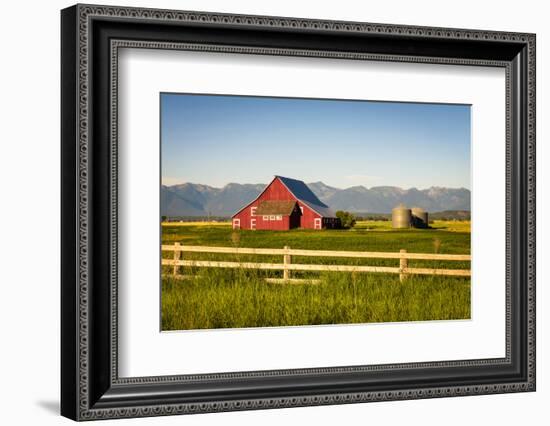 Summer Evening with a Red Barn and Silos in Rural Montana with Rocky Mountains in the Background.-Nick Fox-Framed Photographic Print