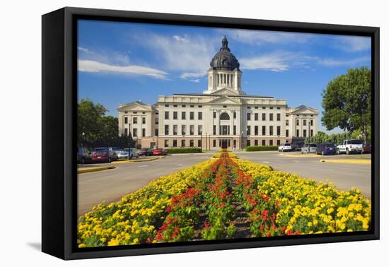 Summer flower-bed leading to South Dakota State Capitol and complex, Pierre, South Dakota, was b...-null-Framed Premier Image Canvas
