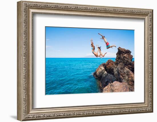 Summer Fun, Friends Cliff Jumping into the Ocean.-EpicStockMedia-Framed Photographic Print