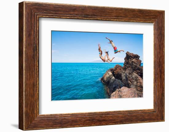 Summer Fun, Friends Cliff Jumping into the Ocean.-EpicStockMedia-Framed Photographic Print