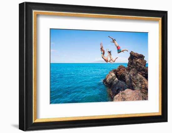 Summer Fun, Friends Cliff Jumping into the Ocean.-EpicStockMedia-Framed Photographic Print