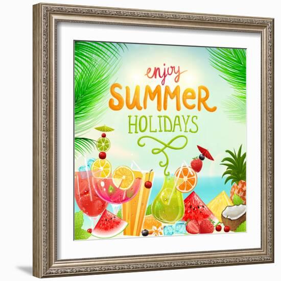 Summer Holidays Set With Cocktails, Palms, Sun, Sky, Sea, Fruits And Berries-Ozerina Anna-Framed Art Print