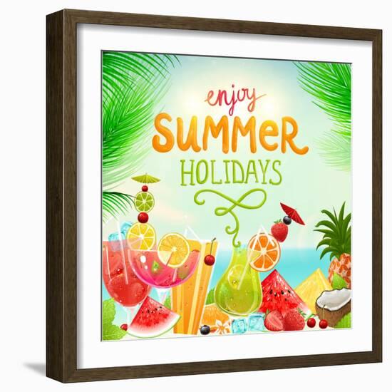 Summer Holidays Set With Cocktails, Palms, Sun, Sky, Sea, Fruits And Berries-Ozerina Anna-Framed Art Print