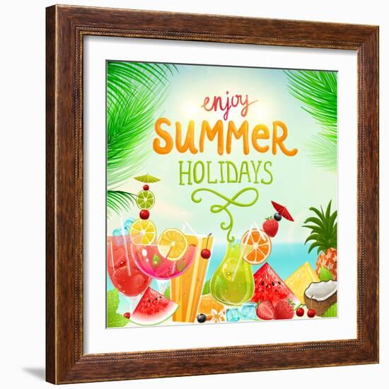 Summer Holidays Set With Cocktails, Palms, Sun, Sky, Sea, Fruits And Berries-Ozerina Anna-Framed Art Print