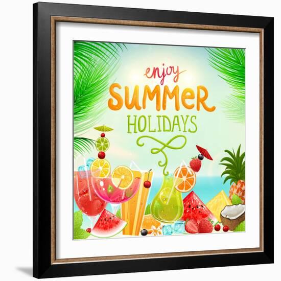 Summer Holidays Set With Cocktails, Palms, Sun, Sky, Sea, Fruits And Berries-Ozerina Anna-Framed Art Print