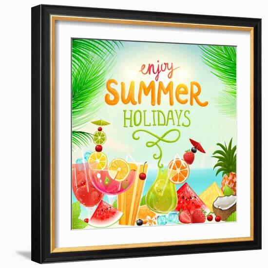 Summer Holidays Set With Cocktails, Palms, Sun, Sky, Sea, Fruits And Berries-Ozerina Anna-Framed Art Print