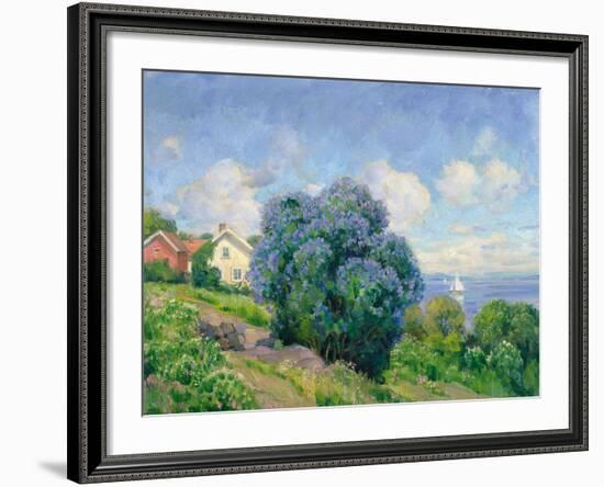 Summer Landscape with Lilac Bush, House and Sailing Boat-Thorolf Holmboe-Framed Giclee Print