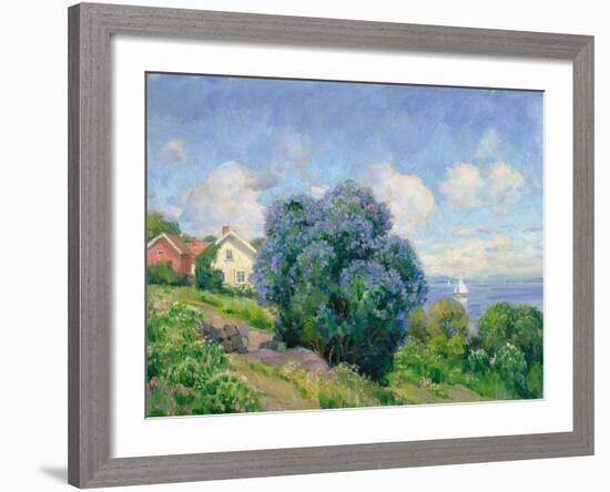 Summer Landscape with Lilac Bush, House and Sailing Boat-Thorolf Holmboe-Framed Giclee Print