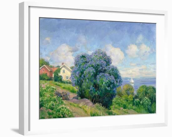 Summer Landscape with Lilac Bush, House and Sailing Boat-Thorolf Holmboe-Framed Giclee Print