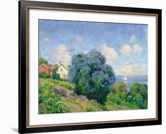 Summer Landscape with Lilac Bush, House and Sailing Boat-Thorolf Holmboe-Framed Giclee Print