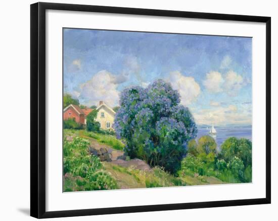 Summer Landscape with Lilac Bush, House and Sailing Boat-Thorolf Holmboe-Framed Giclee Print