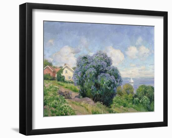 Summer landscape with lilac bush, house and sailing boat-Thorolf Holmboe-Framed Giclee Print