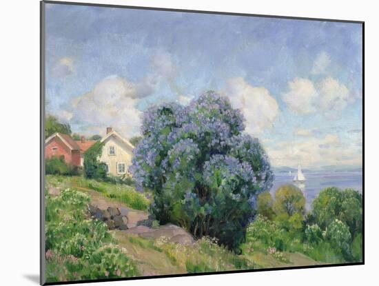 Summer landscape with lilac bush, house and sailing boat-Thorolf Holmboe-Mounted Giclee Print