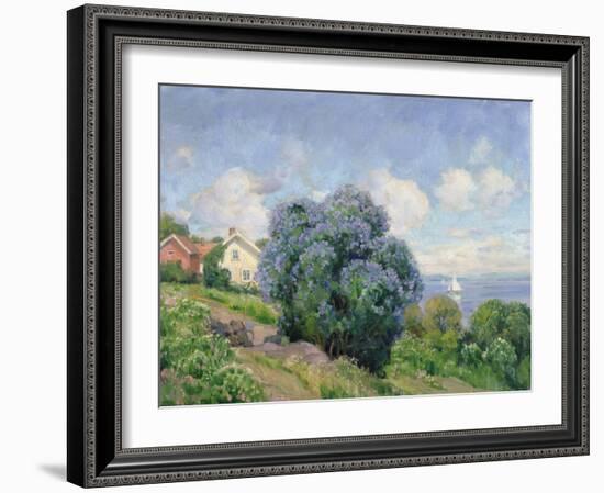 Summer landscape with lilac bush, house and sailing boat-Thorolf Holmboe-Framed Giclee Print