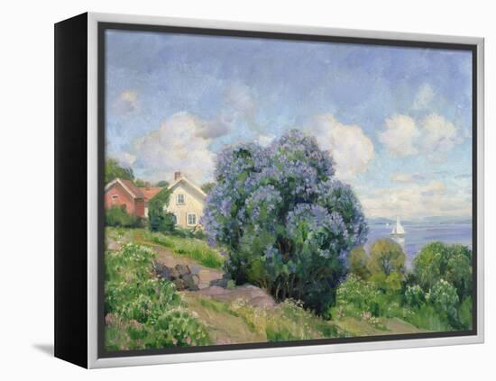 Summer landscape with lilac bush, house and sailing boat-Thorolf Holmboe-Framed Premier Image Canvas