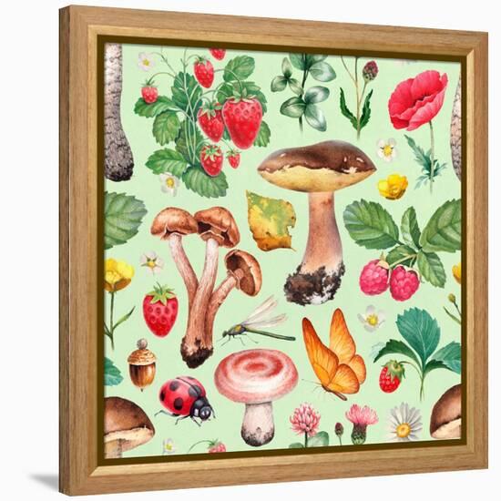 Summer Pattern with Watercolor Illustrations of Flowers and Mushrooms-Sundra-Framed Stretched Canvas