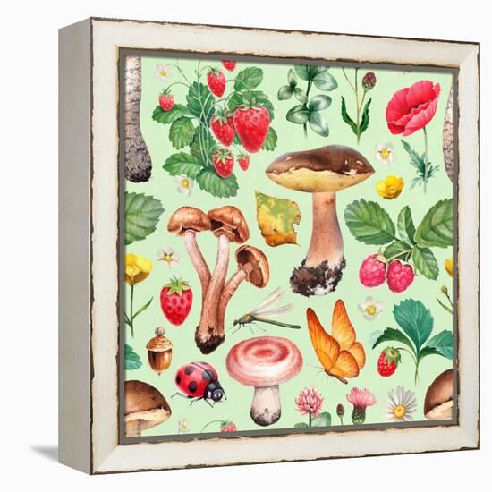 Summer Pattern with Watercolor Illustrations of Flowers and Mushrooms-Sundra-Framed Stretched Canvas