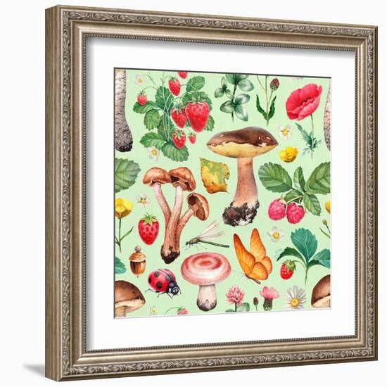 Summer Pattern with Watercolor Illustrations of Flowers and Mushrooms-Sundra-Framed Art Print