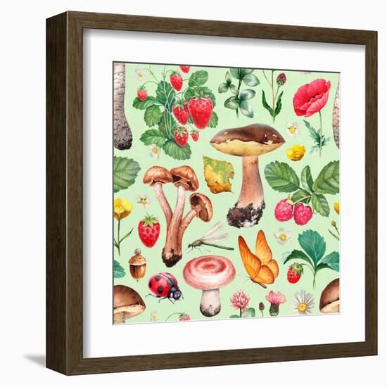 Summer Pattern with Watercolor Illustrations of Flowers and Mushrooms-Sundra-Framed Art Print