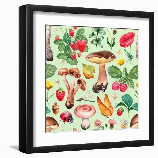 Summer Pattern with Watercolor Illustrations of Flowers and Mushrooms-Sundra-Framed Art Print