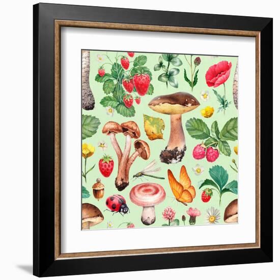 Summer Pattern with Watercolor Illustrations of Flowers and Mushrooms-Sundra-Framed Art Print