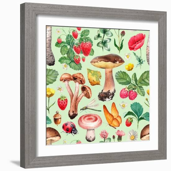 Summer Pattern with Watercolor Illustrations of Flowers and Mushrooms-Sundra-Framed Art Print