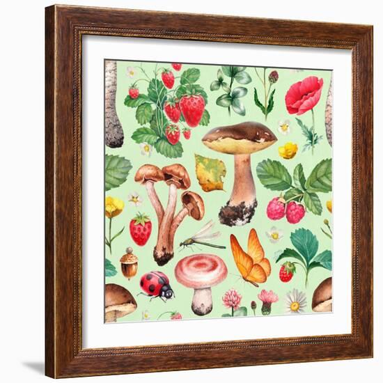 Summer Pattern with Watercolor Illustrations of Flowers and Mushrooms-Sundra-Framed Art Print