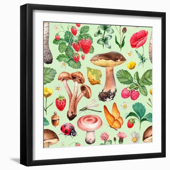 Summer Pattern with Watercolor Illustrations of Flowers and Mushrooms-Sundra-Framed Art Print