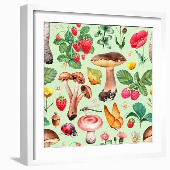 Summer Pattern with Watercolor Illustrations of Flowers and Mushrooms-Sundra-Framed Art Print