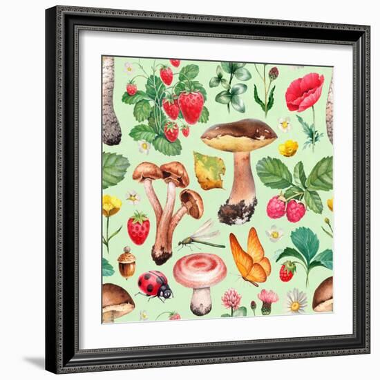 Summer Pattern with Watercolor Illustrations of Flowers and Mushrooms-Sundra-Framed Art Print