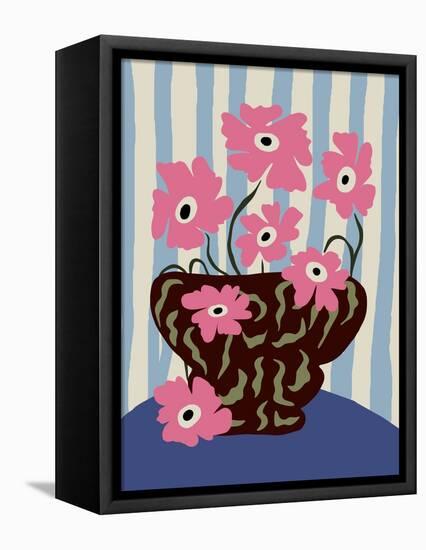 Summer Stripe and Pink Flowers-Miho Art Studio-Framed Premier Image Canvas