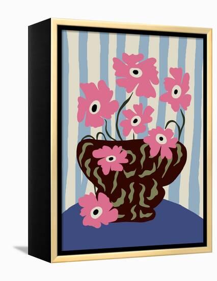 Summer Stripe and Pink Flowers-Miho Art Studio-Framed Premier Image Canvas