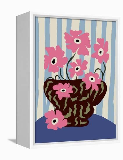 Summer Stripe and Pink Flowers-Miho Art Studio-Framed Premier Image Canvas