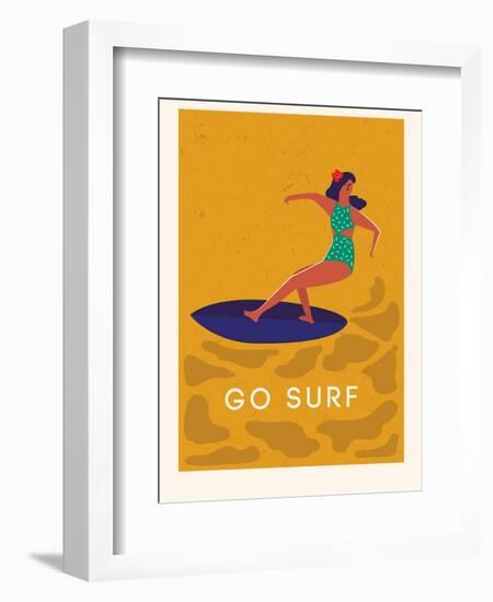 Summer Surfing Girl Illustration-Tasiania-Framed Premium Giclee Print