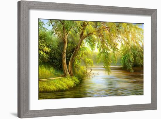 Summer Wood Lake With Trees And Bushes-balaikin2009-Framed Art Print