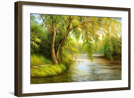 Summer Wood Lake With Trees And Bushes-balaikin2009-Framed Art Print