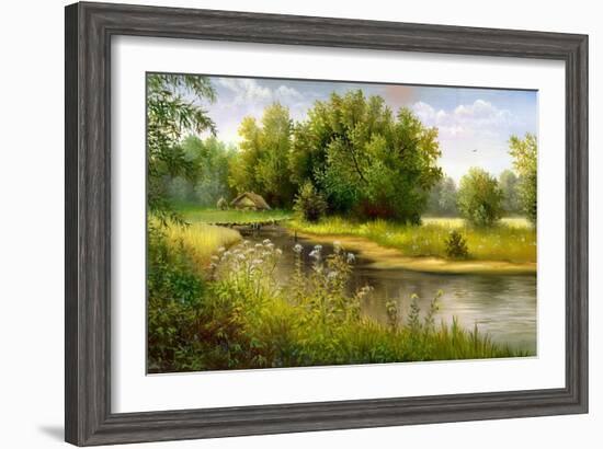 Summer Wood Lake With Trees And Bushes-balaikin2009-Framed Art Print