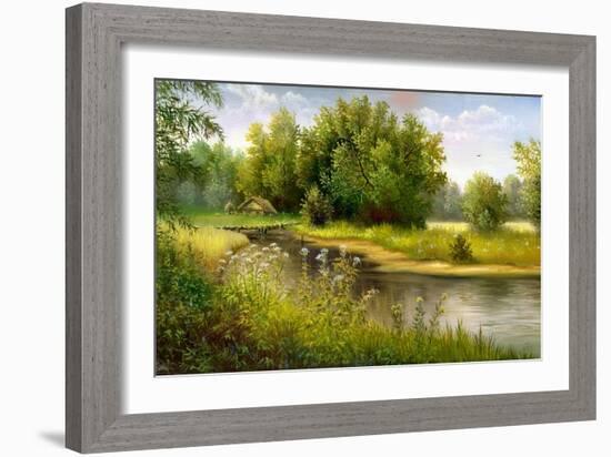 Summer Wood Lake With Trees And Bushes-balaikin2009-Framed Art Print